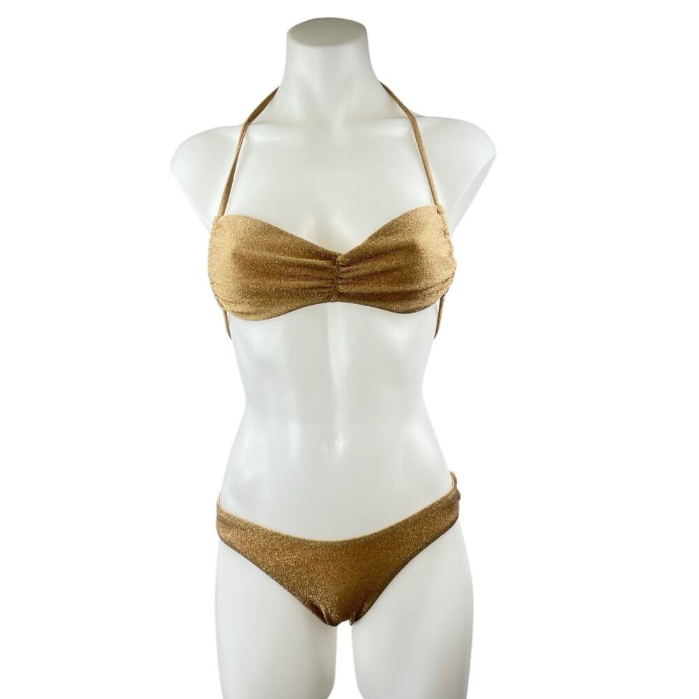 Princess Polly Gold Metallic Halter Bandeau Bikini Two Piece Swimsuit Size 2/4